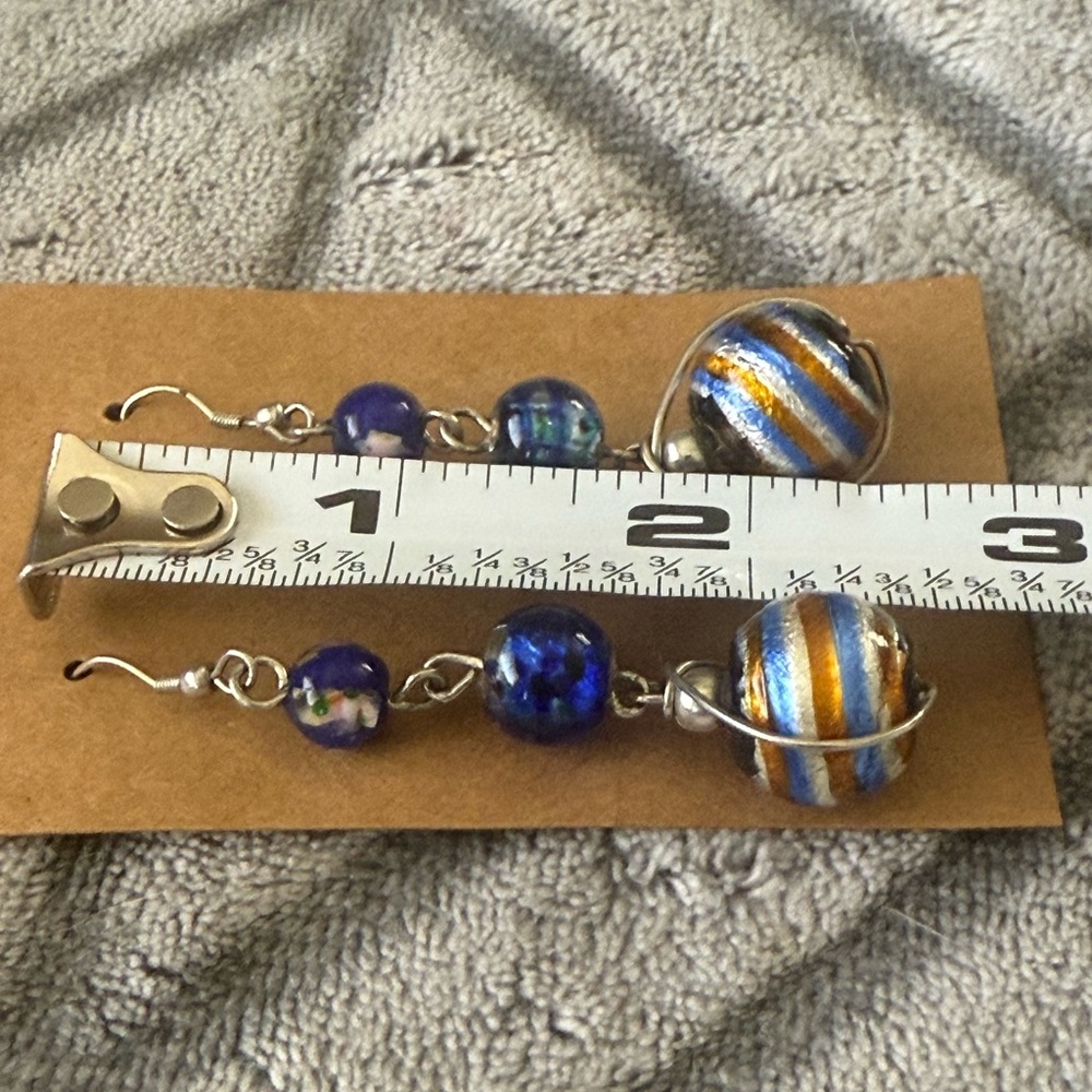 Vintage Glass Art Deco Ball Drop Dangle Blue Metallic Earrings - Picture 6 of 6